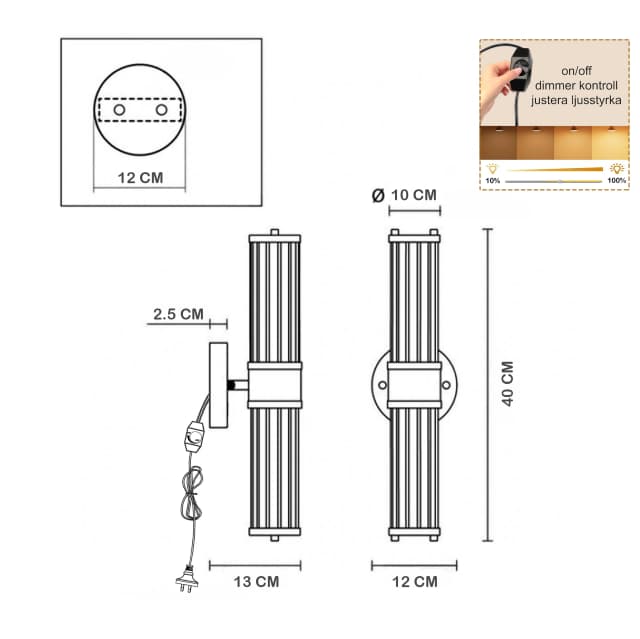 Athena vägglampa guld technical drawing