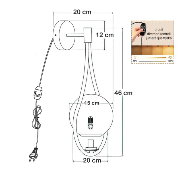 Luis vägglampa mattsvart technical drawing